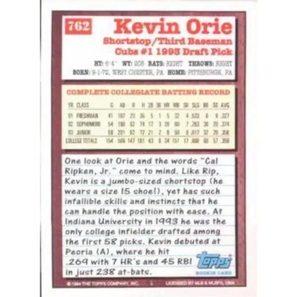 1994 Topps Kevin Orie DPK, RC # 762 Chicago Cubs